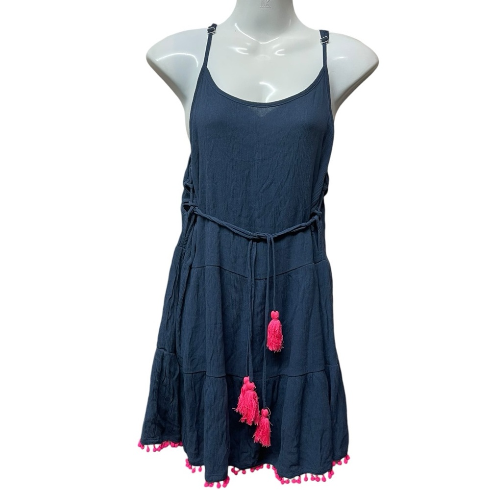 XHILARATION Mini Dress Blue Crinkle Pink PomPom Print Tiered Lace Up Sides Med